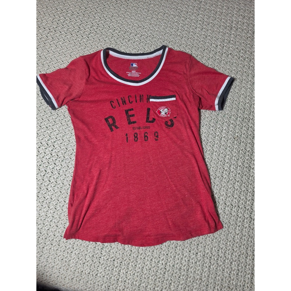 MLB Cincinnati Reds T-Shirt Womens Medium Red Excellent Ringer Pocket Tee